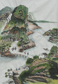 Chinese water color of people on a road that crosses a river among mountains